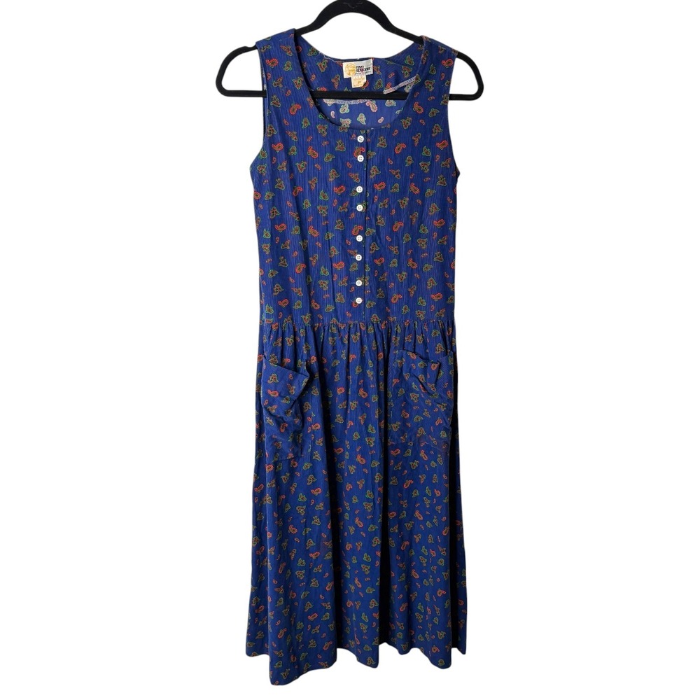 Reyn Spooner VTG Blue Paisley Corduroy Button Front Midi Dress Small Hawaii